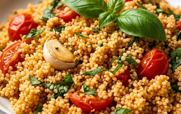Healthy One-Pan Couscous With Garlic, Tomatoes And Basil