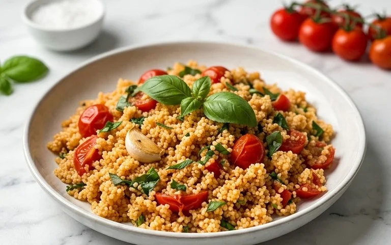 Healthy One-Pan Couscous With Garlic, Tomatoes And Basil