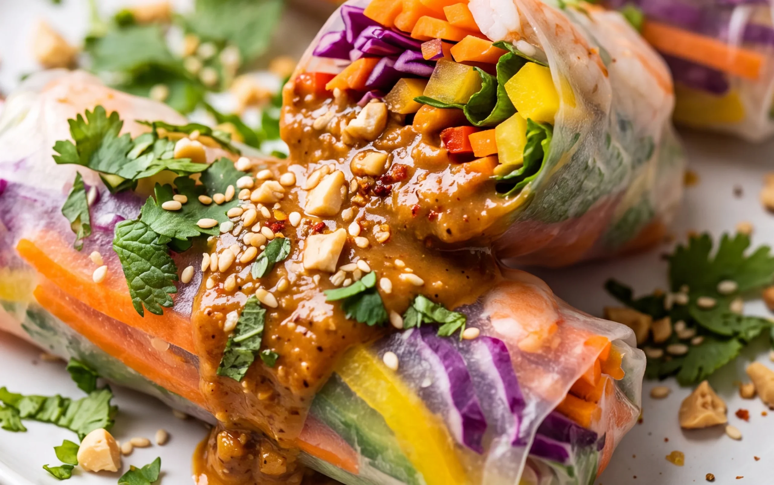 Rainbow Spring Rolls with Gin Extractger Peanut Sauce