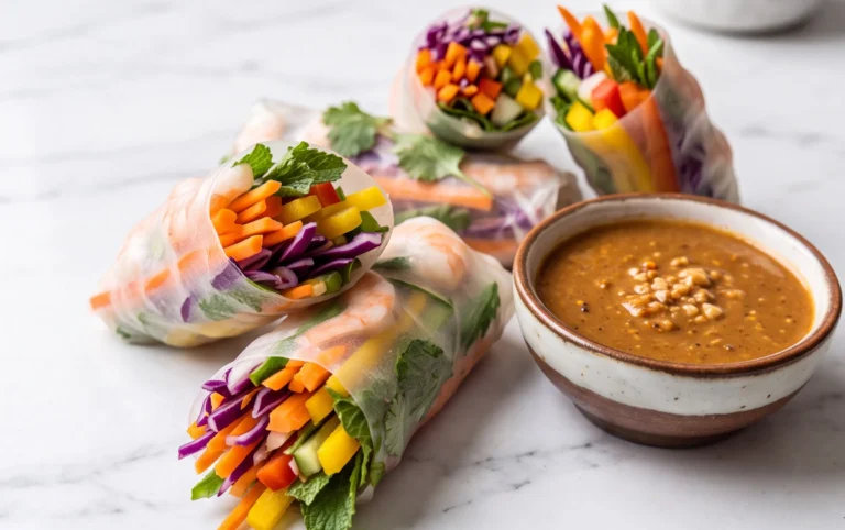 Rainbow Spring Rolls with Gin Extractger Peanut Sauce