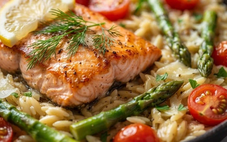 One Skillet Salmon with Lemon Orzo
