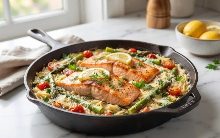 One Skillet Salmon with Lemon Orzo