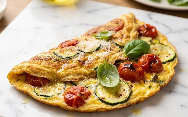 Zucchini-Omelett mit Tomaten und Basilikum