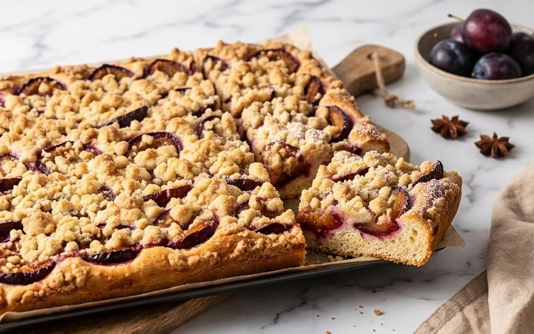 Pflaumenkuchen mit Streusel vom Blech (Quark-Öl-Teig)
