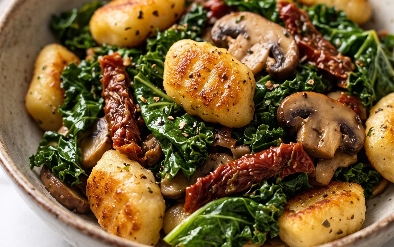 Gnocchi-Grünkohl-Pfanne mit Pilzen und getrockneten Tomaten
